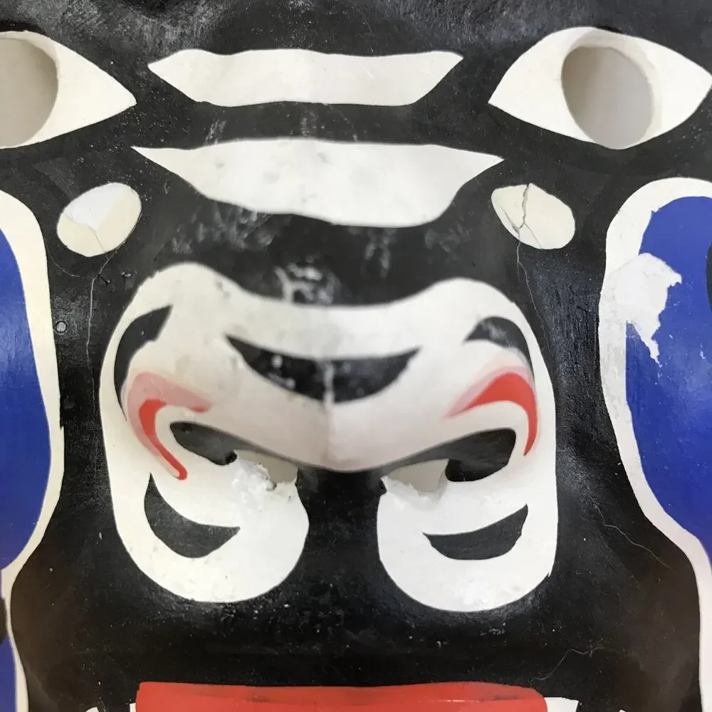 Vintage Chinese New Year Red Blue Gold Paper Plaster Painted Face Opera Mask